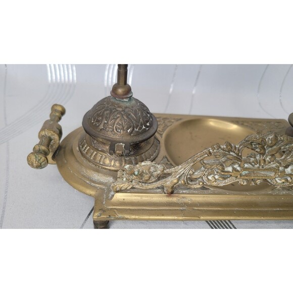 Vintage Ornate Double Ink Well Brass w Inserts Covers Decorative Desk Victorian - Picture 6 of 11